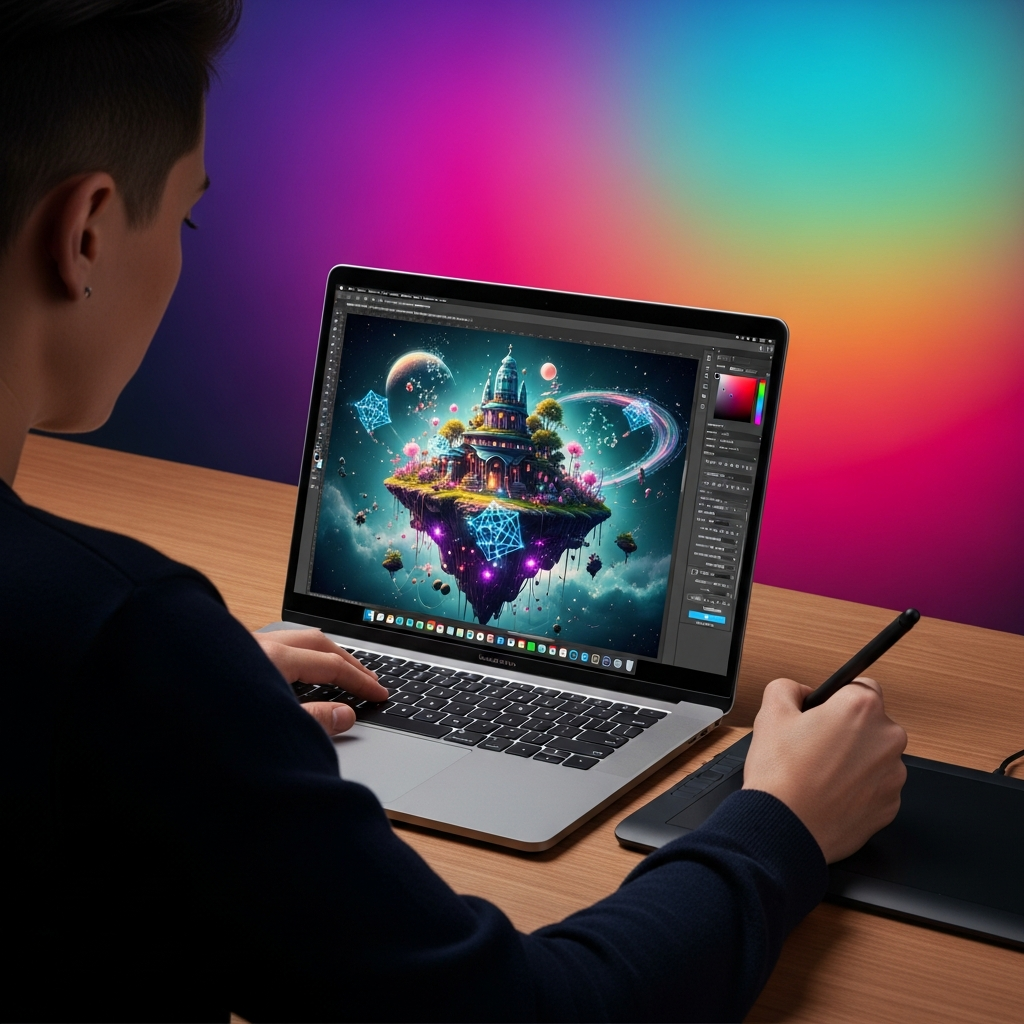 A person creatively using Photoshop on a Mac, with vibrant AI-generated elements subtly integrated into the screen. The user looks engaged and focused. Style: modern layout, high contrast. Colored gradient background, minimal empty space. No text.