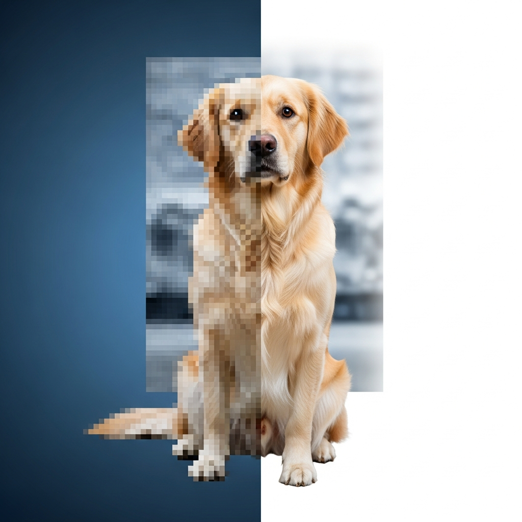 A pixelated, low-resolution photo of a dog on the left, and the same dog photo brilliantly upscaled and clear on the right. The transformation is dramatic and impressive. Style: clean infographic, modern layout, high contrast. Gradient background, minimal empty space. No text.