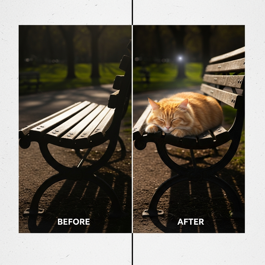 An image showing a cat seamlessly composited onto a park bench, with lighting and shadows perfectly matched to the background. Before and after comparison subtly shown on a clean infographic. Style: clean infographic, modern layout, high contrast. Textured background, minimal empty space. No text.