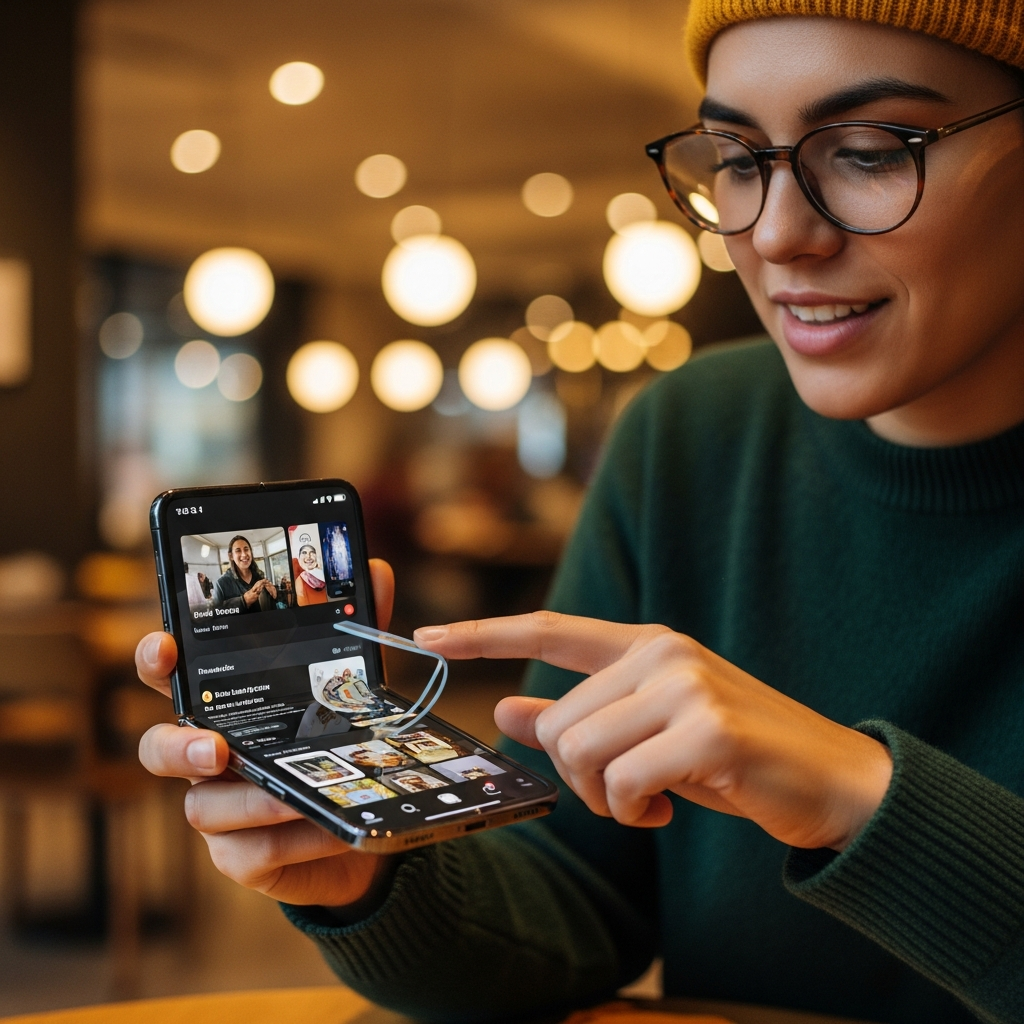A person interactively using a foldable smartphone that subtly resembles an iPhone Fold, in a modern, well-lit cafe setting with warm lighting and a blurred background, showcasing innovation, no text.