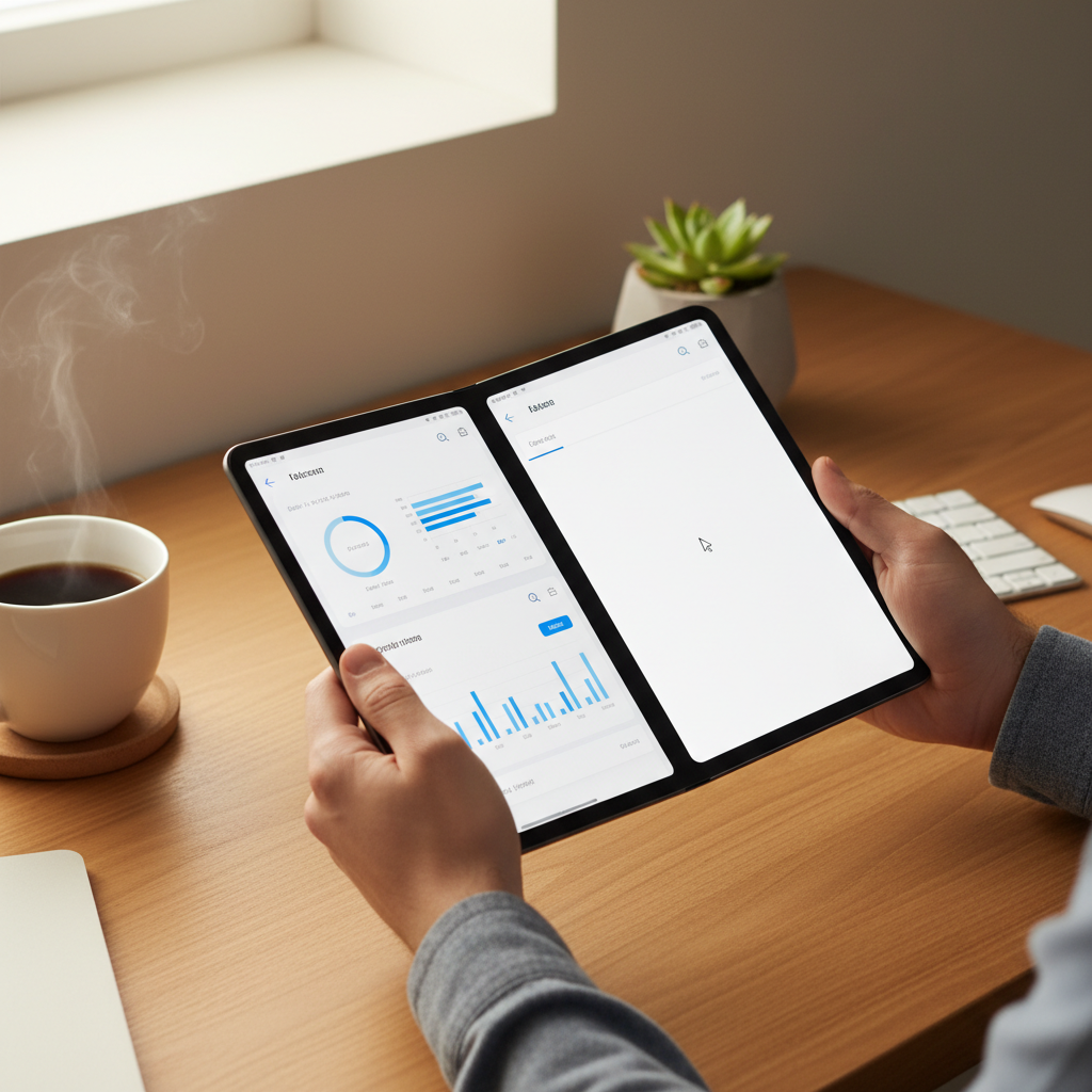 A person using a foldable device to run two apps side by side, clean interface, minimalist desk setup with a cup of coffee, warm indoor lighting, natural hand gesture, no text