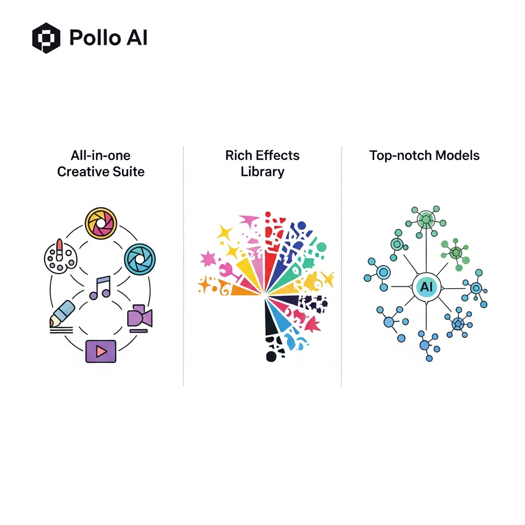 An infographic illustrating the versatility of Pollo AI, with sections representing all-in-one creative suite, rich effects library, and top-notch models. Use clean lines and vibrant colors. Style: clean infographic, modern layout, high contrast. No text.