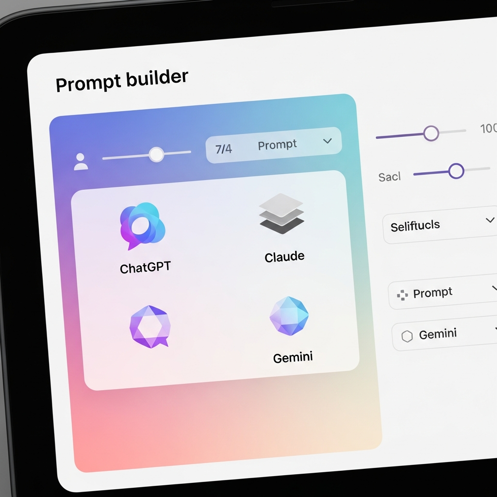 A clean infographic showing the concept of a "prompt builder" interface on a screen, with simple, clear icons representing different AI models like ChatGPT, Claude, Gemini, modern layout, high contrast, colored background, no text