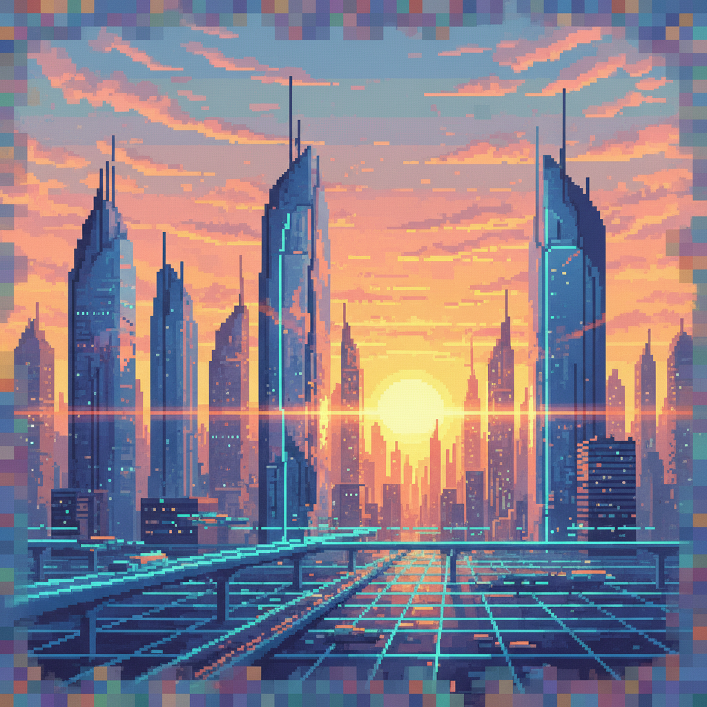 A beautiful pixel art painting of a futuristic sunrise over a digital city, artistic rendering, textured colorful background, no text