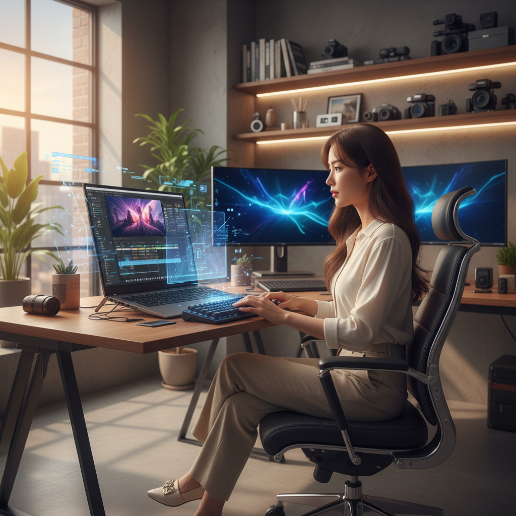 A professional Korean creator using Wondershare Filmora V15 on a high-end laptop, futuristic AI interface elements glowing, modern home office background, warm cinematic lighting, no text