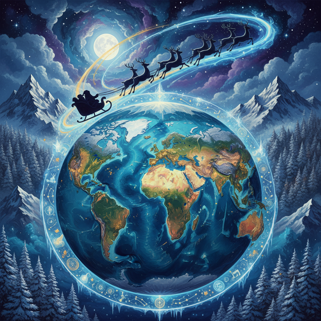 An artistic rendering of Santa and his reindeer flying over a stylized world map at night, glowing trails, snowy mountains background, rich texture, no text, aspect ratio 4:3