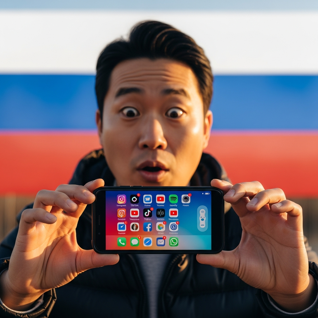 A man looks surprised while holding a smartphone, with a blurred background showing the Russian flag and various app icons, lifestyle photography, warm lighting, natural setting, Korean appearance, no text