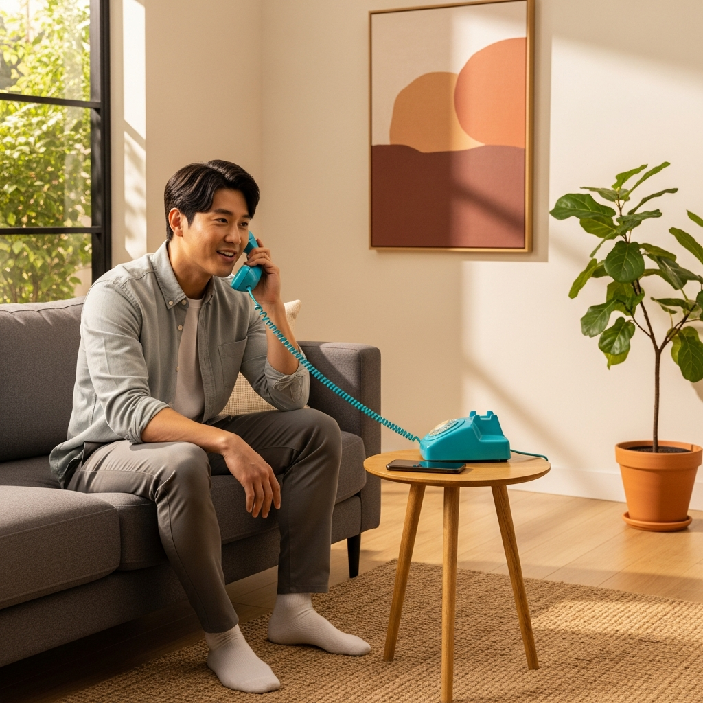 A man comfortably talking on a retro POP phone handset, in a modern living room setting, warm lighting, natural setting, Korean appearance, no text