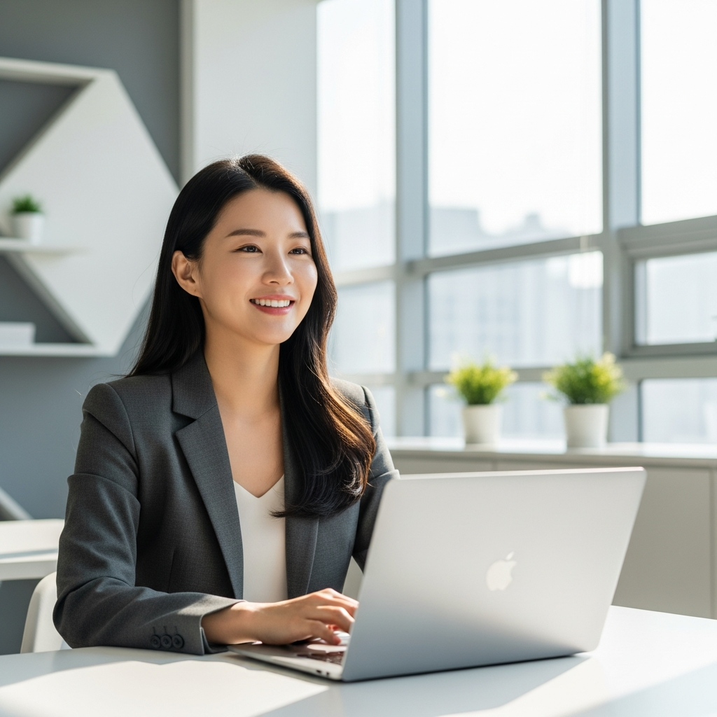 A Korean woman smiling and working on her MacBook in a clean, modern office setting. There are green plants and minimal decor in the background. The lighting is bright and natural. No text.