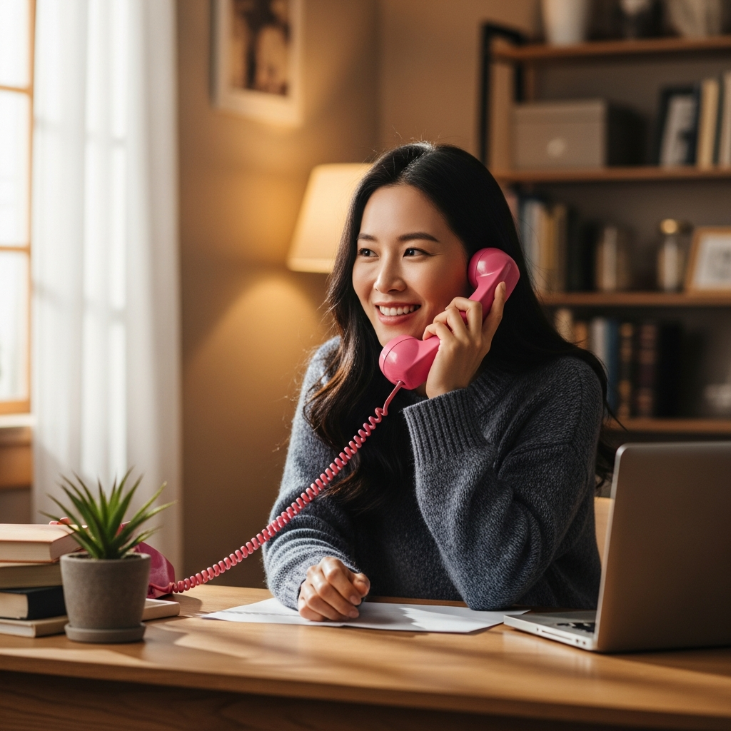 A woman smiling while talking on a retro POP phone handset at a desk, warm home office setting, natural lighting, Korean appearance, no text