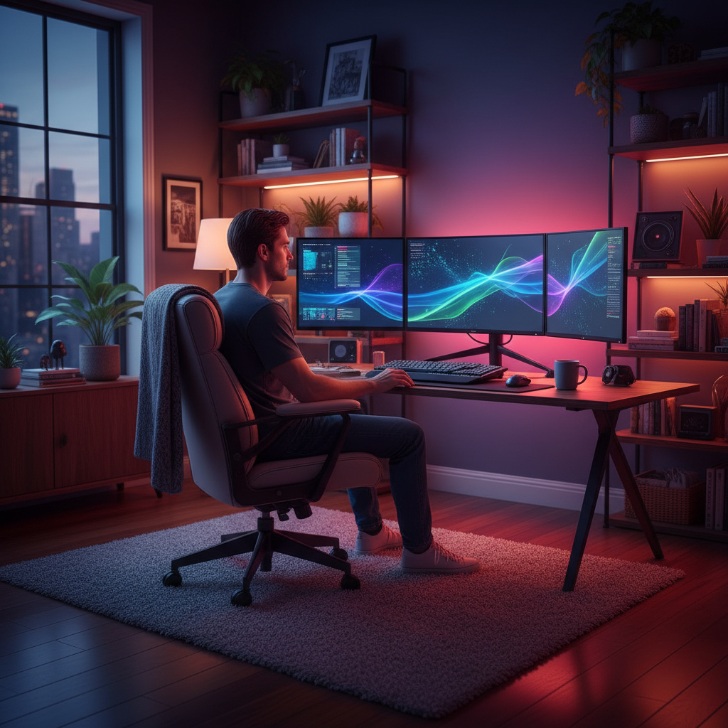 Person sitting in front of high-end computer screens in a cozy office, looking at the screen, detailed composition, colored background, no text