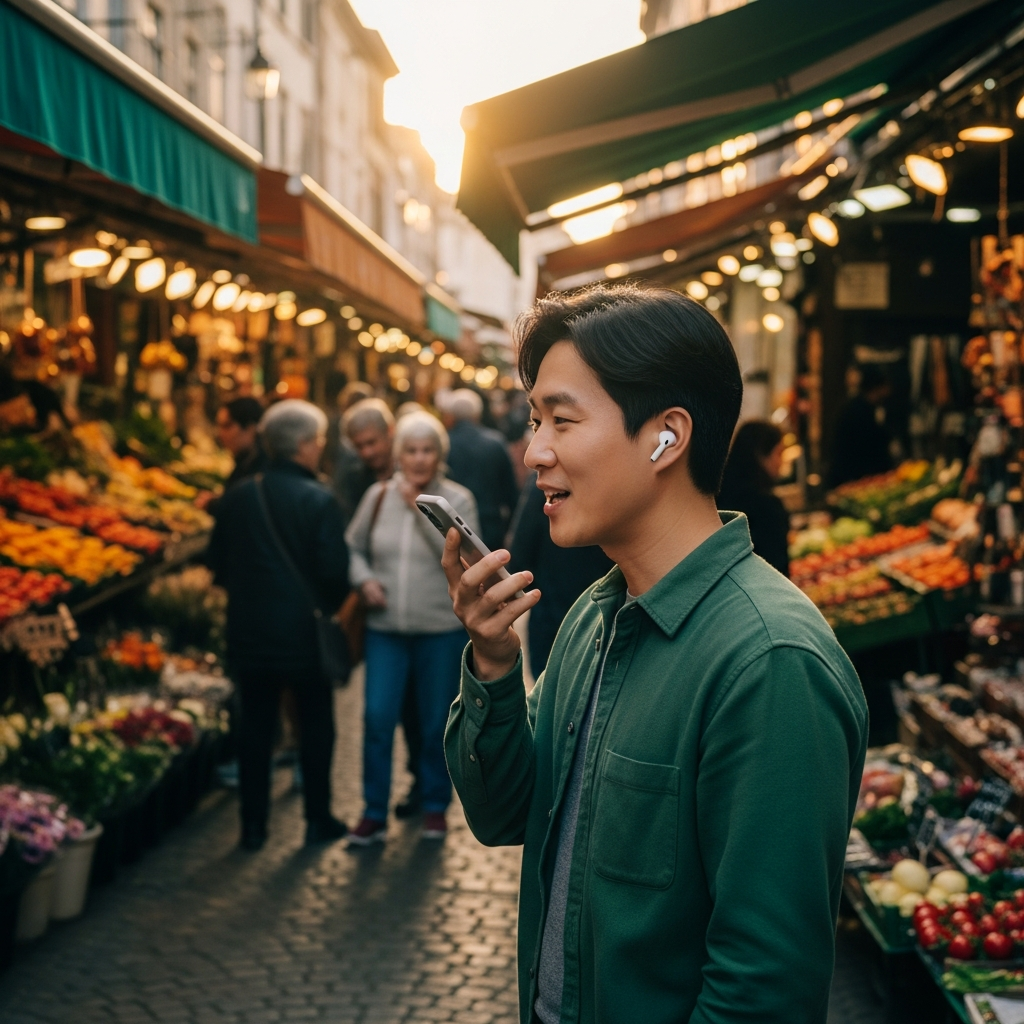 A Korean person wearing AirPods Pro, engaging in a live translated conversation with someone, in a bustling European street market, warm lighting, natural setting, no text