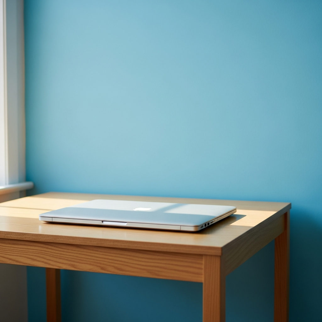 A sleek thin laptop on a minimalist wooden desk in a bright office, soft morning light, lifestyle photography, high quality, colored background, no text