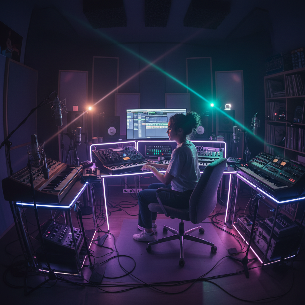 A modern music production studio, colorful LED lights, synthesizers and microphones, a young female artist focused on her craft, cinematic lighting, high contrast, no text