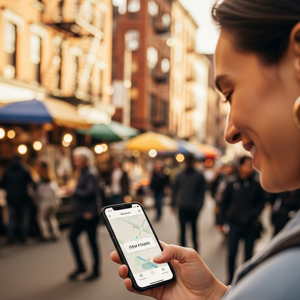 A dynamic lifestyle photography scene of a person using a smartphone to find a small item in a bustling, crowded city street. The focus is on the person's expression of relief and the clear, bright interface on the phone, indicating successful tracking. The background is blurred to highlight the person and the device, with warm, natural lighting and a rich, textured cityscape, no text, lifestyle photography, natural setting