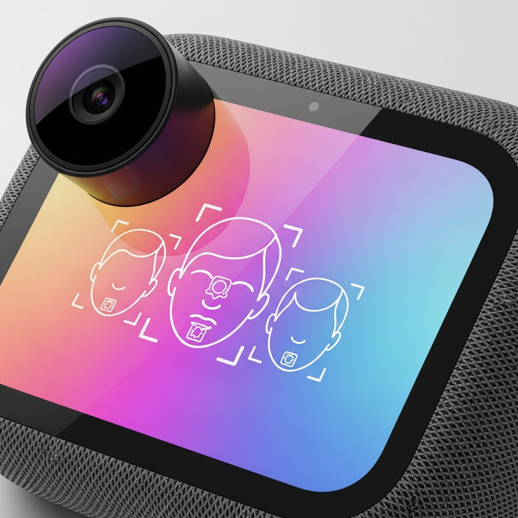 A close-up view of a HomePad device with a front-facing ultra-wide camera, showing a facial recognition interface, multi-user experience, bright, balanced lighting, colored background, no text