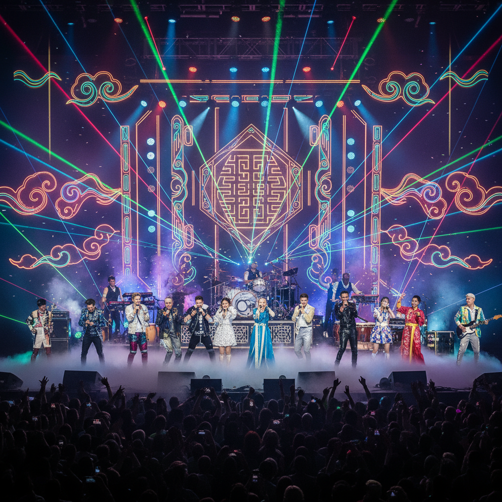 A grand concert stage with vibrant neon lights and laser effects, a fusion of western and eastern pop stars performing together, energetic atmosphere, wide angle, visually rich, no text
