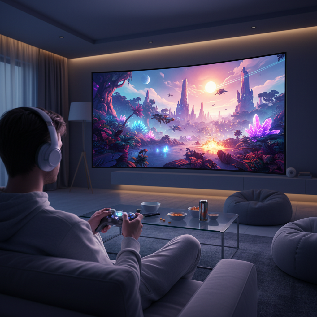 A person playing a high-end video game on a large TV screen with a controller, vivid colors, dynamic composition, lifestyle photography, no text