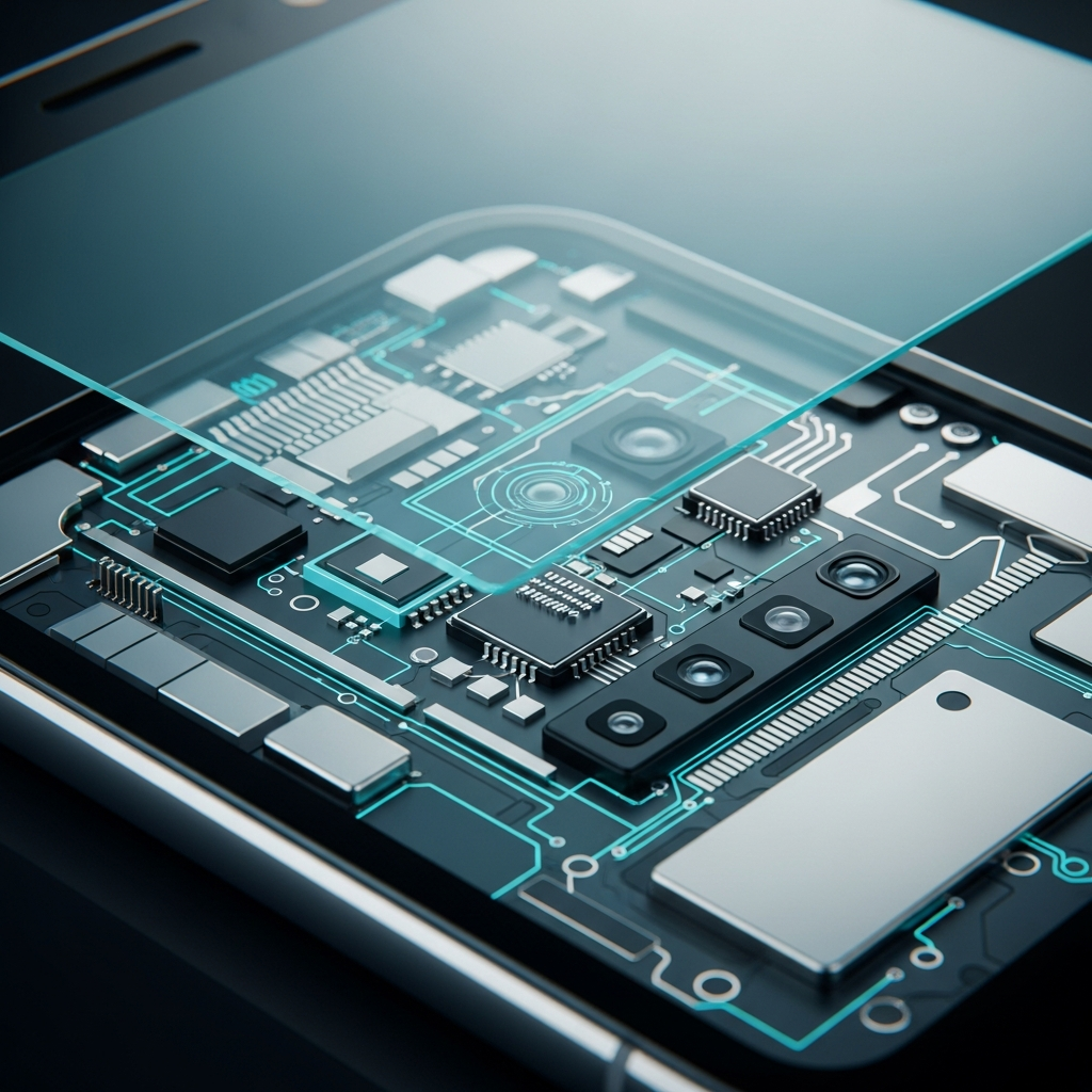 A conceptual close-up of a smartphone screen showing internal sensor components faintly visible beneath the glass surface, high contrast, modern layout, tech-focused illustration, cyan and silver tones, no text