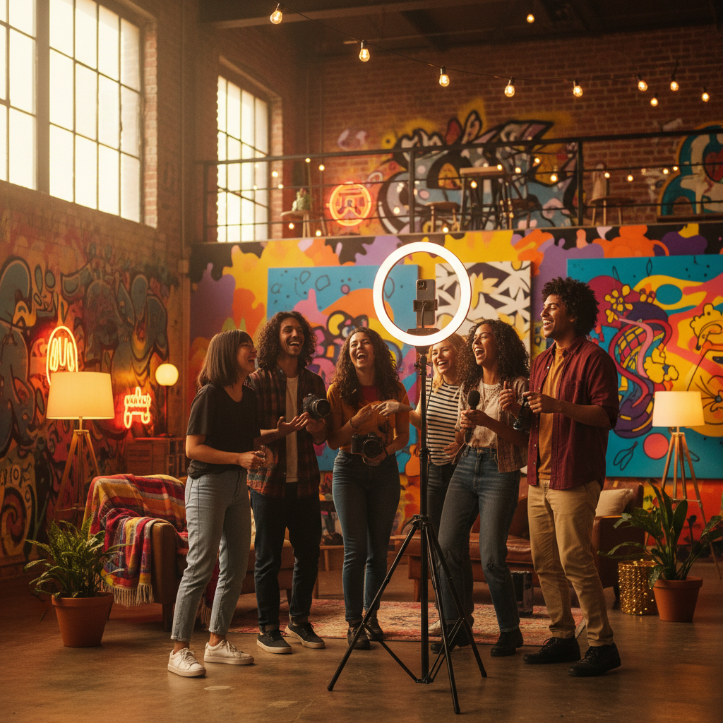 A group of diverse young creators laughing and filming content with a tripod and ring light in a vibrant urban studio, warm and energetic lighting, colorful background, lifestyle photography, no text