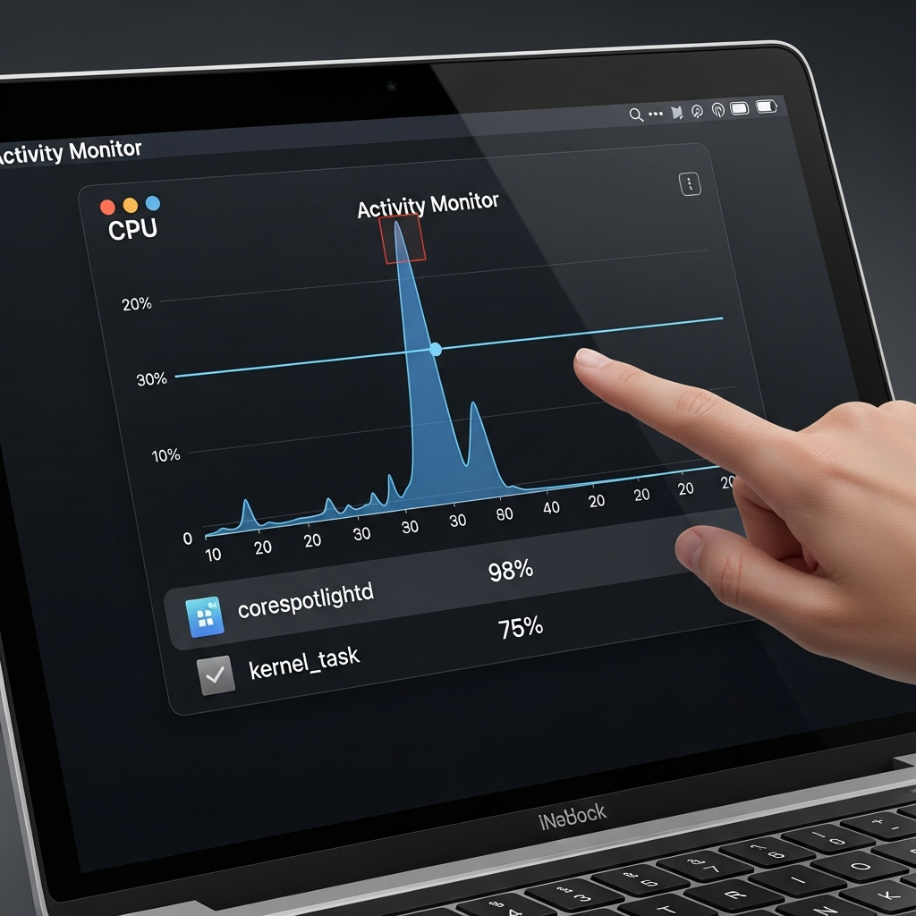 A close-up of a MacBook screen displaying the Activity Monitor application. The CPU tab is selected, and a graph shows a significant spike in CPU usage. The specific processes <code>corespotlightd</code> and <code>kernel_task</code> are visible in the list, with high percentages next to them (numbers are okay, but not graphs/charts). A hand is pointing at the screen. Clean infographic style, modern layout, high contrast, no visible text other than minimal UI elements and process names.