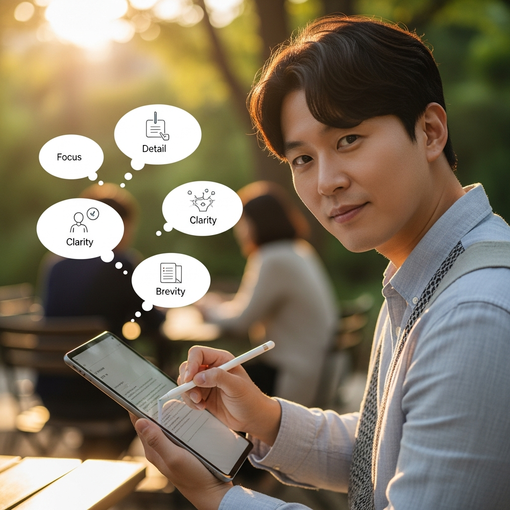 A Korean person demonstrating efficient prompt writing on a digital tablet, with thought bubbles showing concise and clear instructions, lifestyle photography, natural setting, warm lighting, rich background, no text