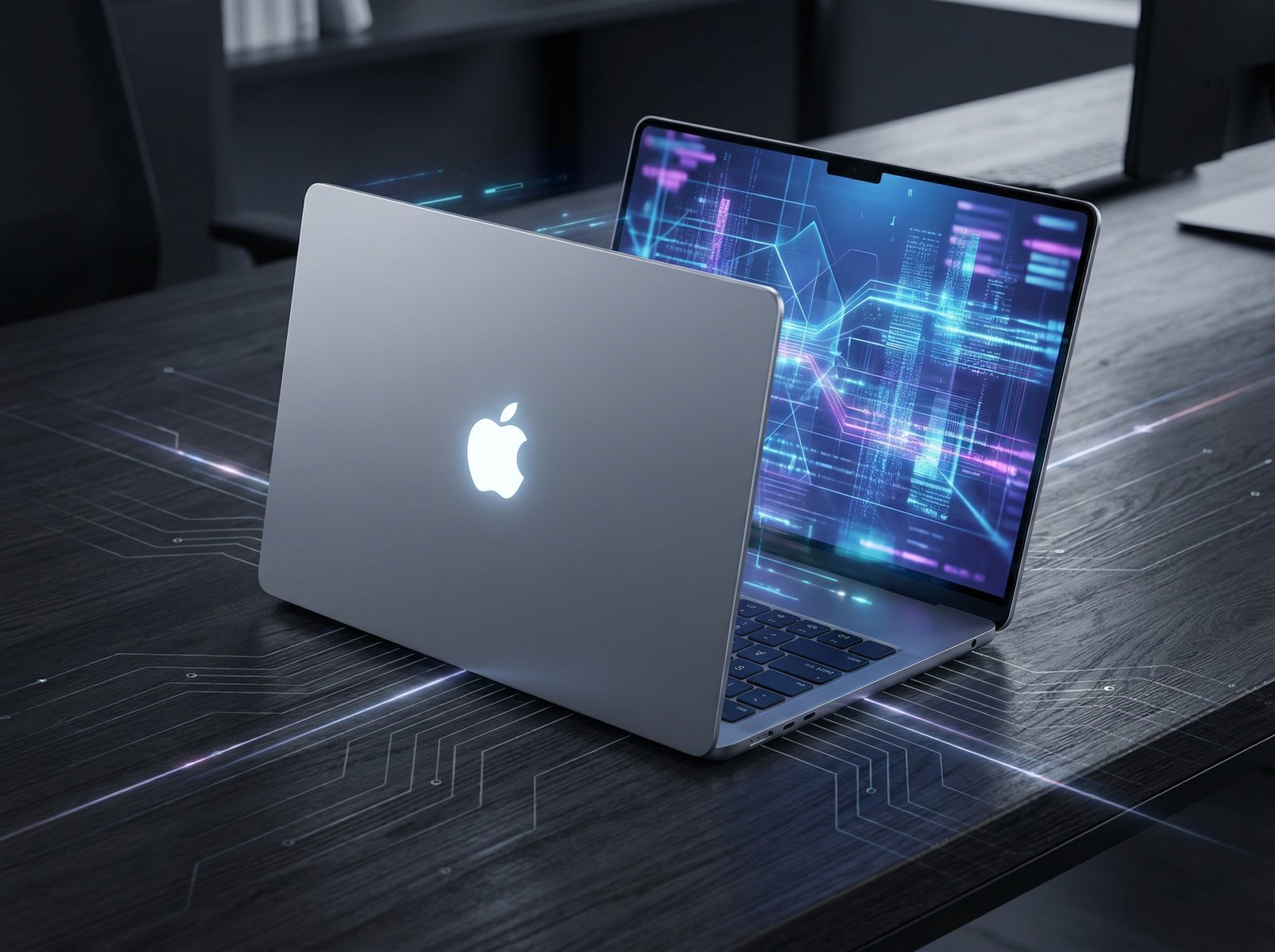 A sleek, modern laptop with a thin bezel and a glowing Apple logo, surrounded by subtle digital elements, representing advanced yet affordable technology. Aspect ratio 4:3, no visible text.