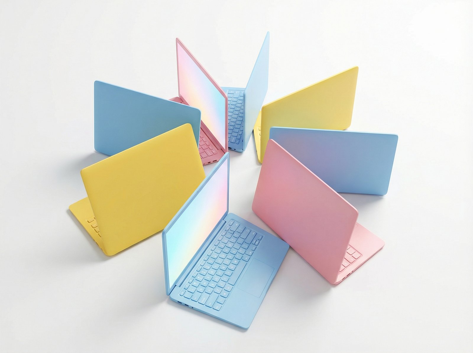 Multiple colorful 12.9-inch compact laptops in pink, blue, and yellow arranged in a fan shape, clean studio lighting, modern and vibrant vibe, 4:3 ratio, no visible text