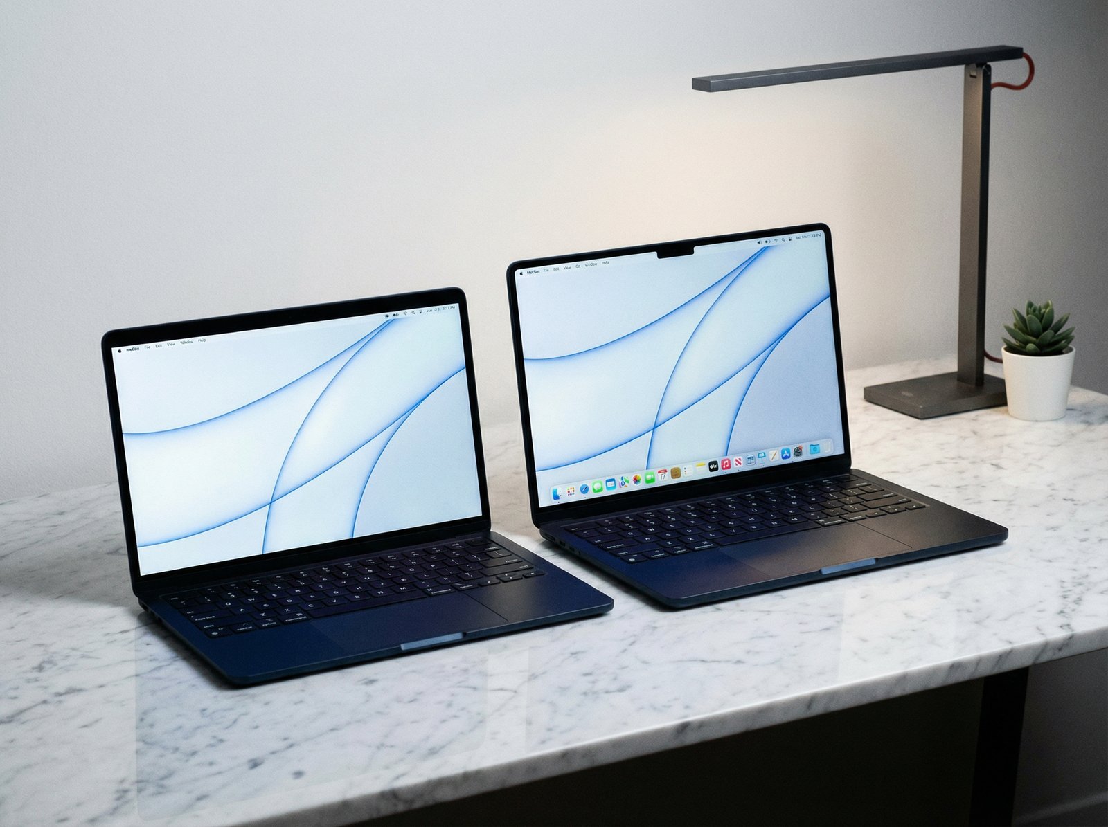 Two M4 MacBook Airs, one 13-inch and one 15-inch, placed side by side on a minimalist marble table, professional tech photography, high contrast, clean composition, 4:3 aspect ratio, no text