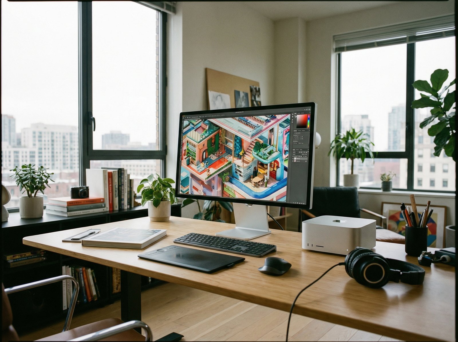 A modern professional workspace featuring a sleek Studio Display paired with a compact Mac Studio. The display shows vibrant, detailed graphics. The setup emphasizes high performance and creative work. Aspect ratio 4:3, no visible text.