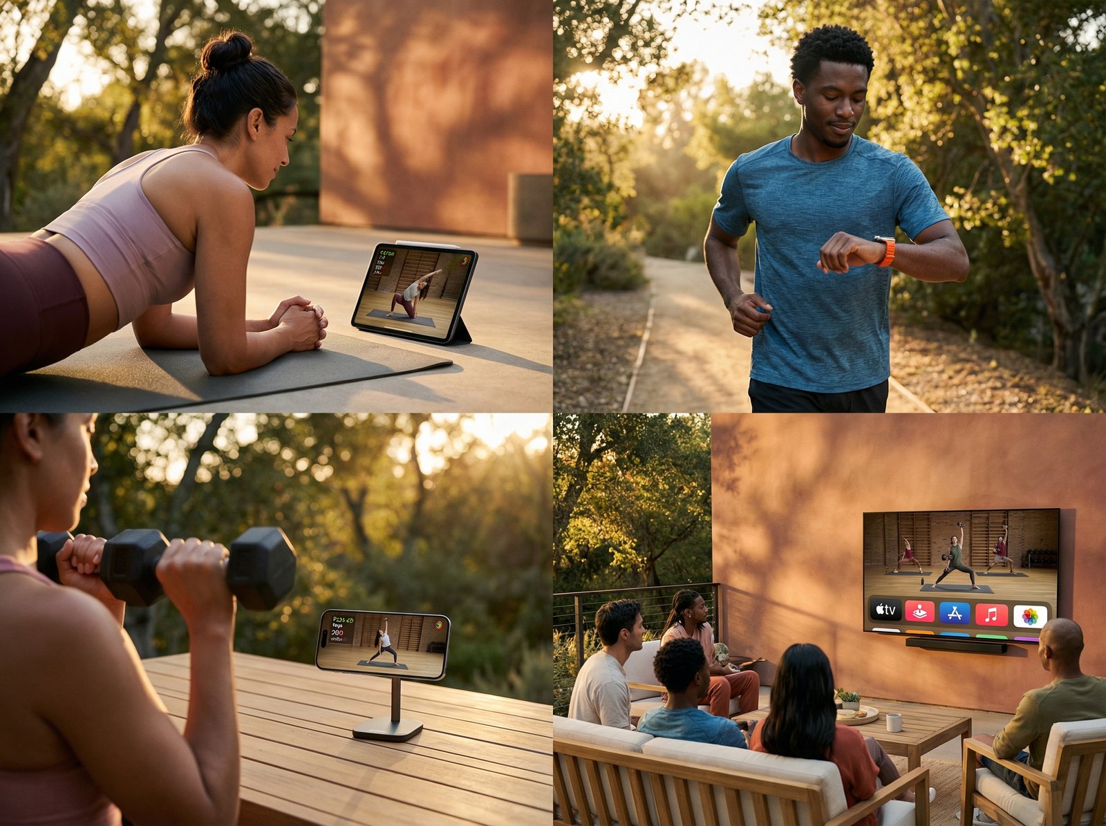 Multiple diverse people engaged in different fitness activities (yoga, running, strength training), each interacting with an Apple device (iPhone, iPad, Apple Watch, Apple TV) showing the Fitness+ interface. Lifestyle photography, warm lighting, natural setting, colored background, no visible text, aspect ratio 4:3.