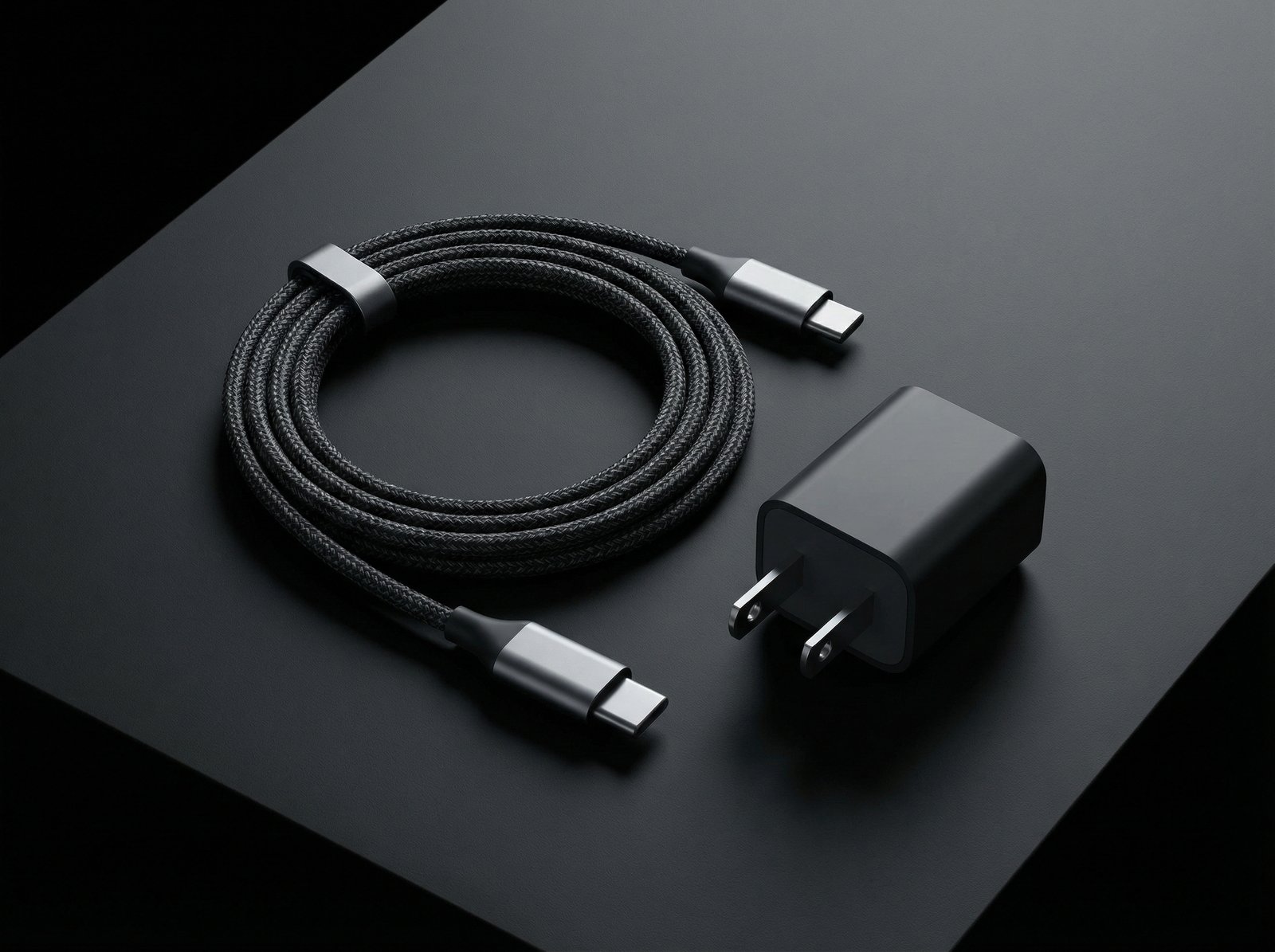 Two essential items for fast charging an Apple Watch: an Apple USB-C Magnetic Fast Charging Cable with aluminum accents and a compact USB-C power adapter. Modern, clean, high-contrast, no visible text, 4:3 aspect ratio.