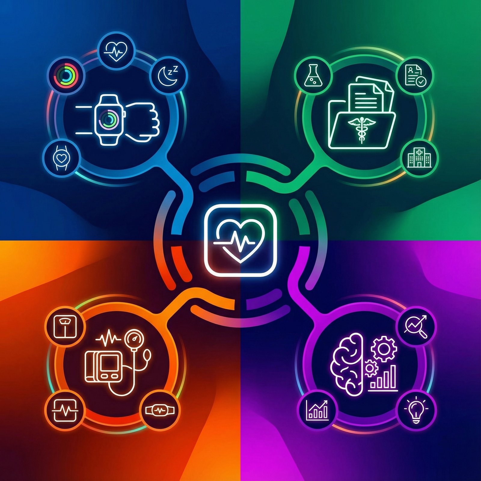 A modern, clean infographic illustrating the diverse functionalities of the Apple Health app, with icons representing Apple Watch, medical records, third-party devices, and data analysis. High contrast, colored background, no visible text, 1:1 aspect ratio.