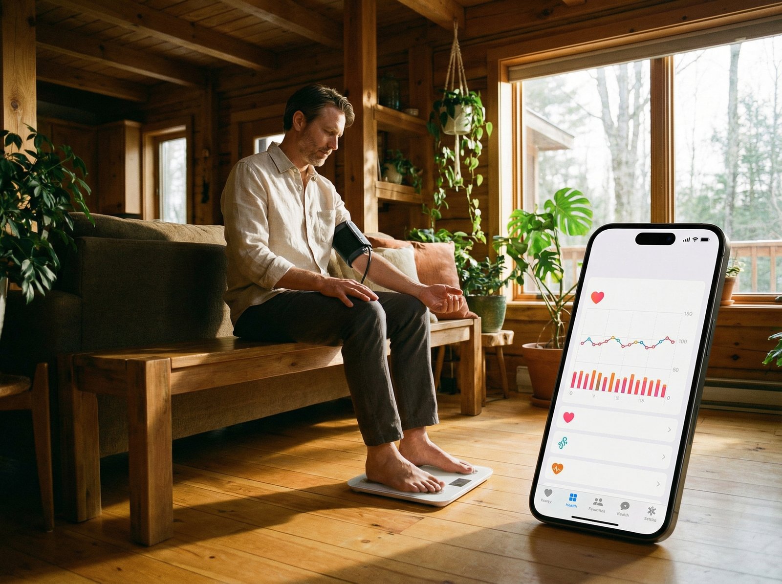 A lifestyle photograph showing a person using a smart blood pressure monitor and a smart scale, with an iPhone screen in the foreground displaying the Apple Health app. Warm lighting, natural setting, no visible text, 4:3 aspect ratio.