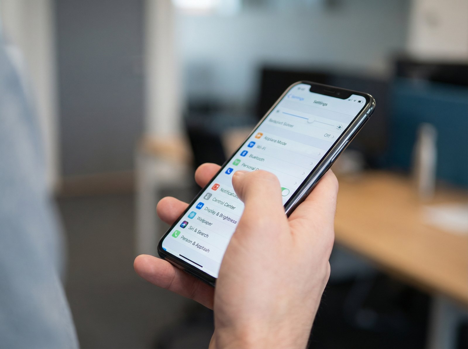 A close-up of a hand gently holding an Apple device (like an iPhone or iPad), appearing to check settings or maintain it, against a blurred, soft-focus background. Informational style, modern layout, balanced lighting. 4:3 aspect ratio, no visible text.