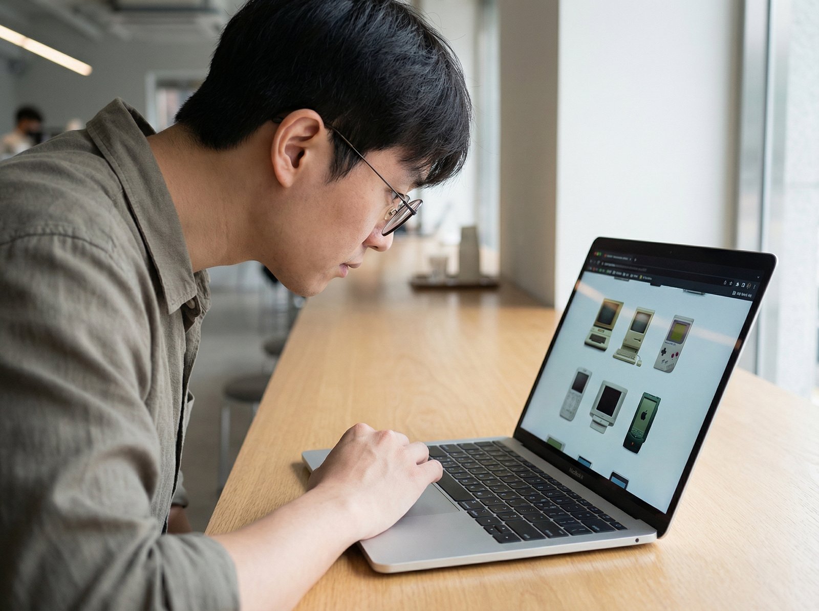 A person, Korean appearance, is holding an iPad or MacBook, looking at a screen displaying a list of vintage Apple products. The scene is clean and focused, indicating a person actively seeking information. no visible text, aspect ratio 4:3, modern layout