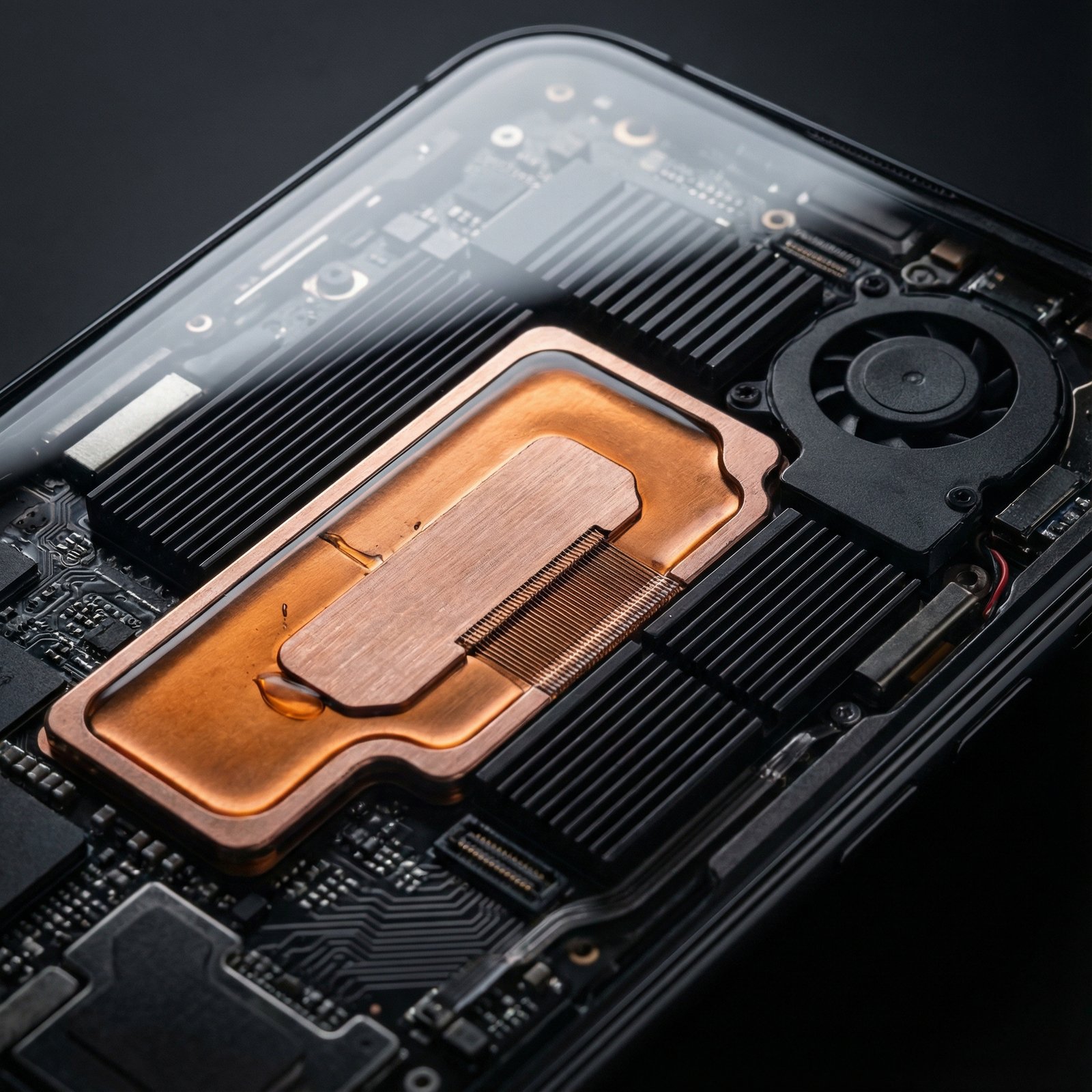 close-up shot of a smartphone's internal components, highlighting a vapor chamber for cooling, a detailed, intricate view of the heat dissipation system, modern layout, high contrast, no visible text, aspect ratio 1:1