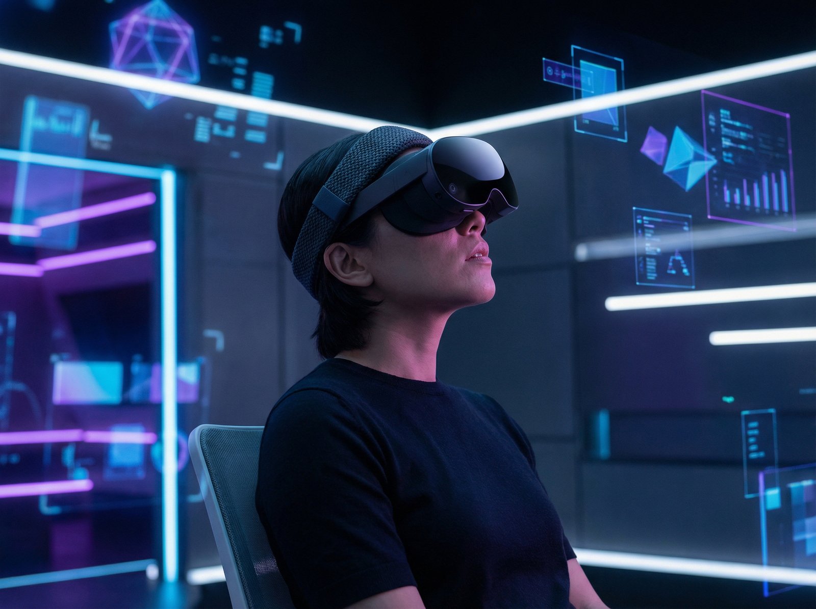 A person wearing the updated Vision Pro with the new cushioned Dual Knit Band in a futuristic, immersive environment. The composition is visually rich, with a full frame and centered focus. Informational style, modern layout, high contrast, colored background. No visible text. Aspect ratio 4:3.