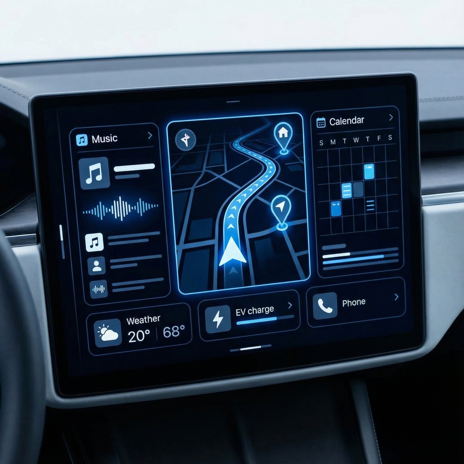 A sleek, modern CarPlay dashboard interface displaying multiple useful widgets like navigation, music, and calendar. Clean infographic style, modern layout, high contrast, no visible text, 1:1 aspect ratio.