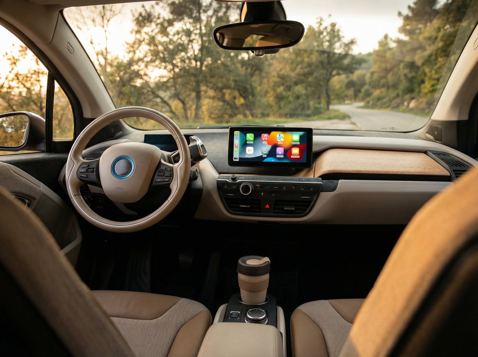 A car interior view focusing on the CarPlay screen, which shows the Messages app with various conversation threads. The screen is clear and vibrant, demonstrating ease of use. Lifestyle photography style, warm lighting, natural setting, no visible text, 4:3 aspect ratio.