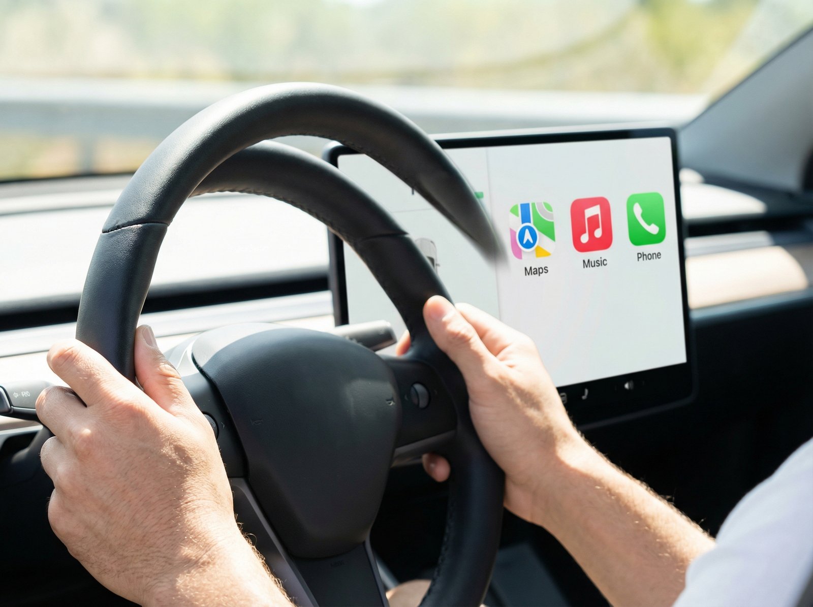 A driver's hands gently gripping a steering wheel, with a modern, clear CarPlay display visible in the background showing a clean interface. The composition is focused on driving and tech integration. Detailed composition style, bright lighting, balanced, no visible text, 4:3 aspect ratio.