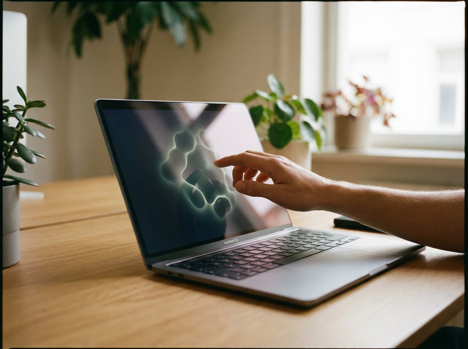 A person's hand lightly touching a sleek, modern MacBook Pro screen, showing a touch interface with subtle glowing elements. The background is a minimalist, warm-toned office space. No visible text, 4:3 aspect ratio.