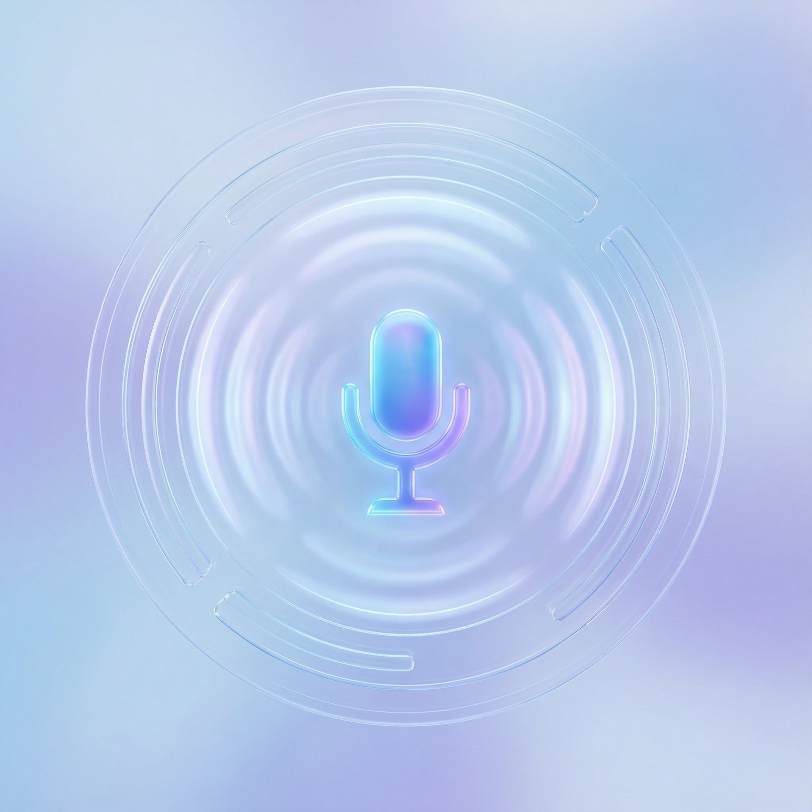 A futuristic, sleek digital assistant interface for Siri, with subtle, ethereal glowing sound waves emanating from a microphone icon. The background is a soft, blurred light blue and purple gradient. No visible text, 1:1 aspect ratio.