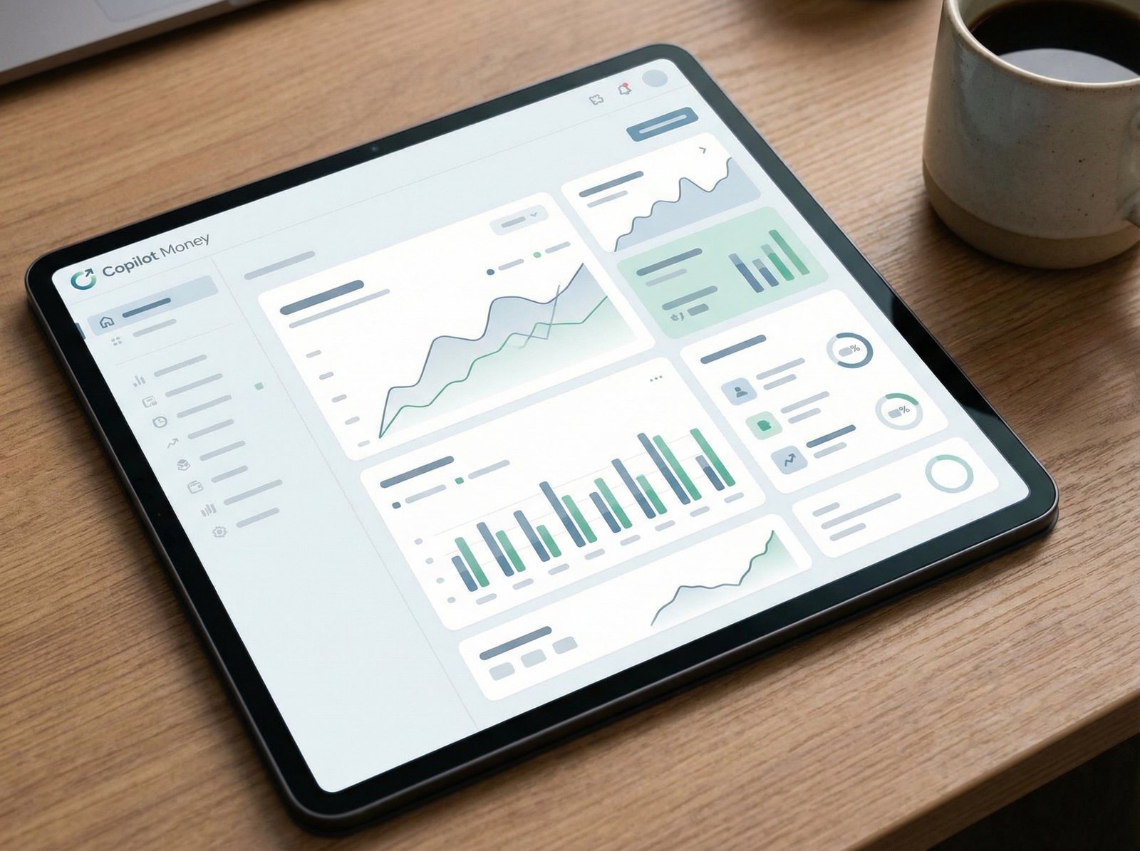 Clean, modern design of a financial app dashboard with various charts and numbers. The app name "Copilot Money" is subtly integrated into the design. Aspect ratio 4:3, no visible text.