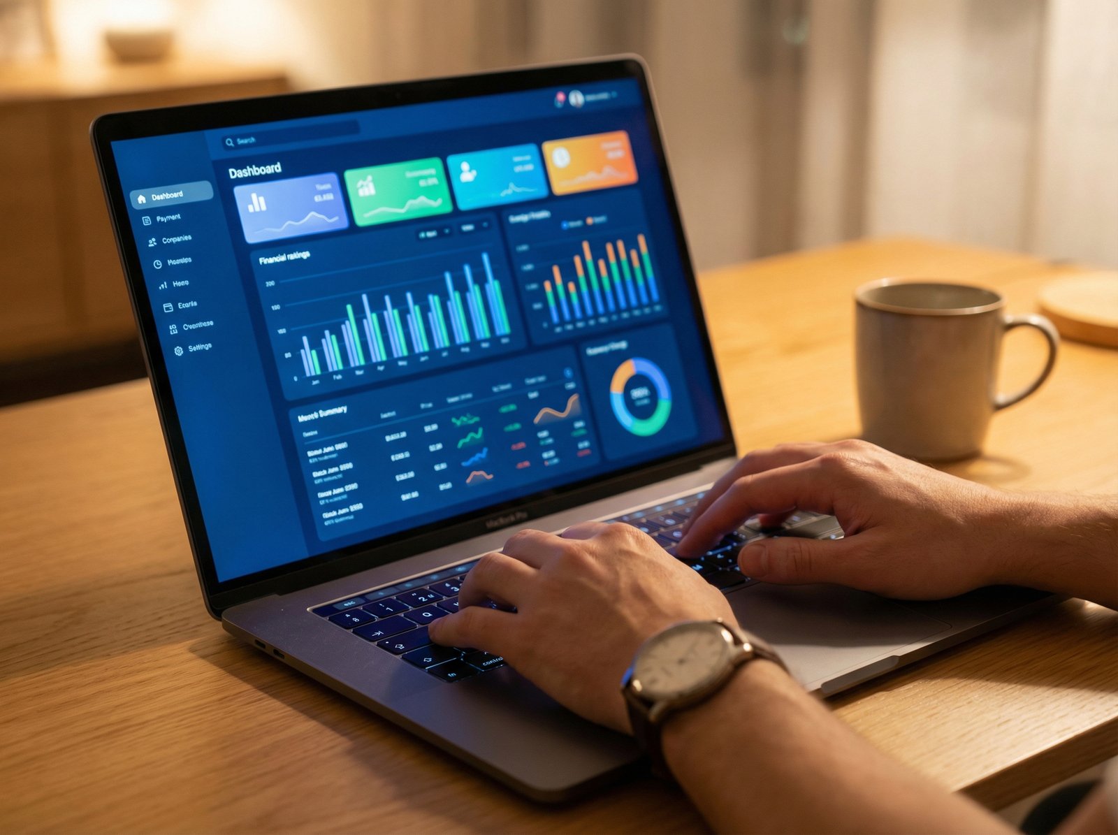 A sleek laptop displaying the Copilot Money website dashboard, showing financial summaries and charts. A person's hands are lightly resting on the keyboard. Aspect ratio 4:3, no visible text.