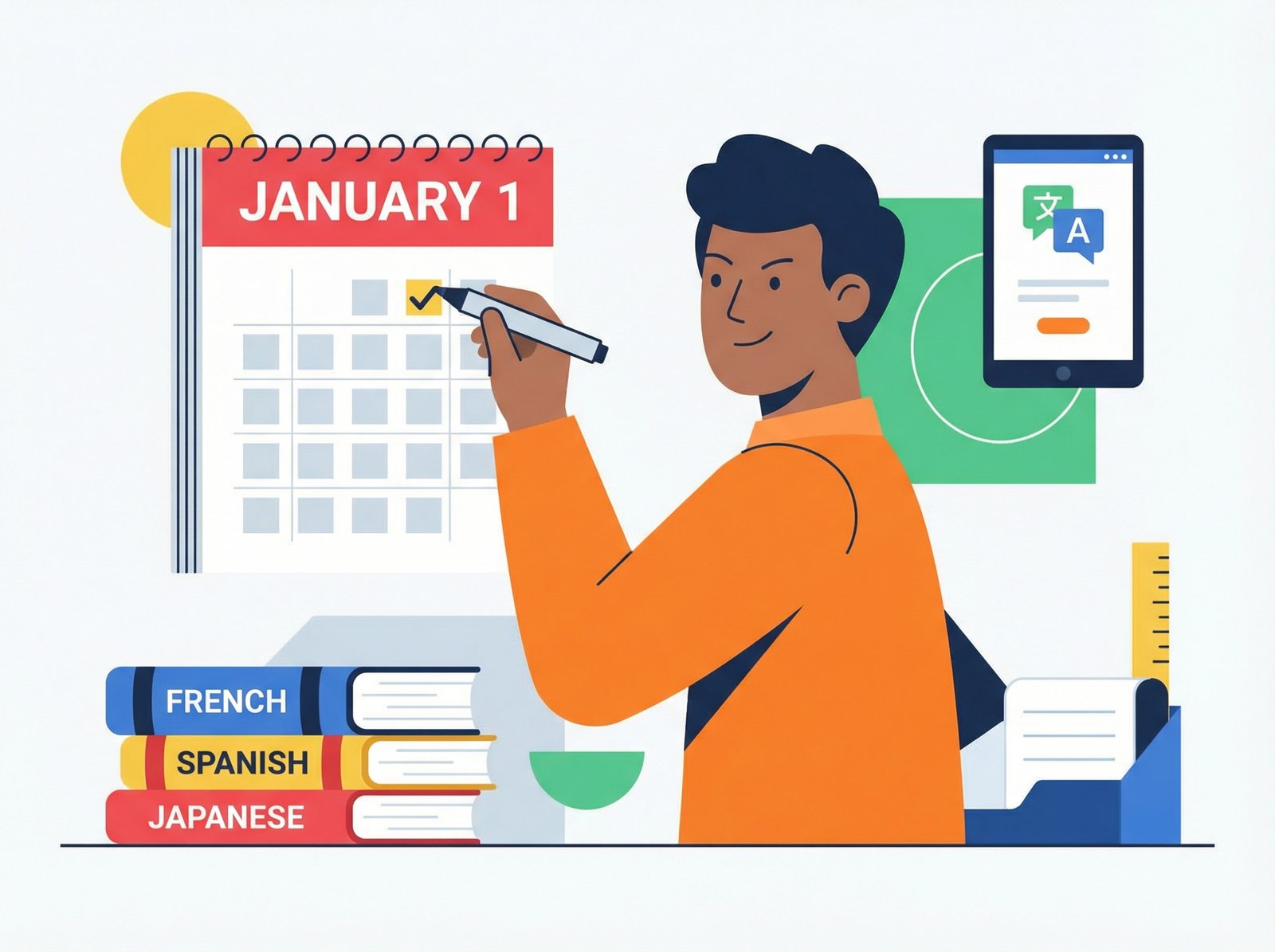A person looking at a calendar, marking a new year's resolution for language learning, with a determined expression. There are language books and a tablet nearby. Modern, clean infographic style. aspect ratio 4:3, no visible text