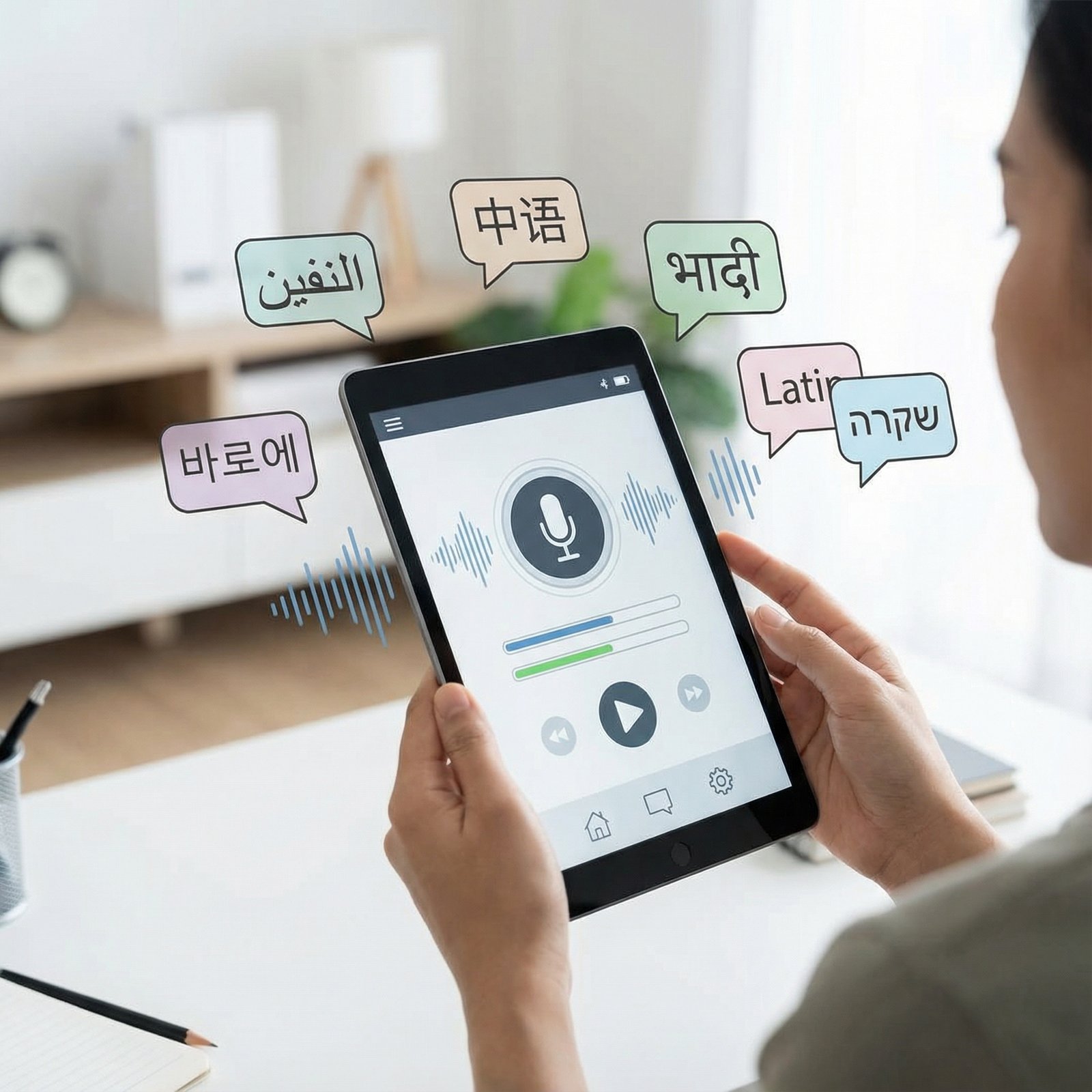 A person actively using a language learning app on a tablet, with speech bubbles showing different languages and a microphone icon, implying speech recognition. Informational, modern layout. aspect ratio 1:1, no visible text