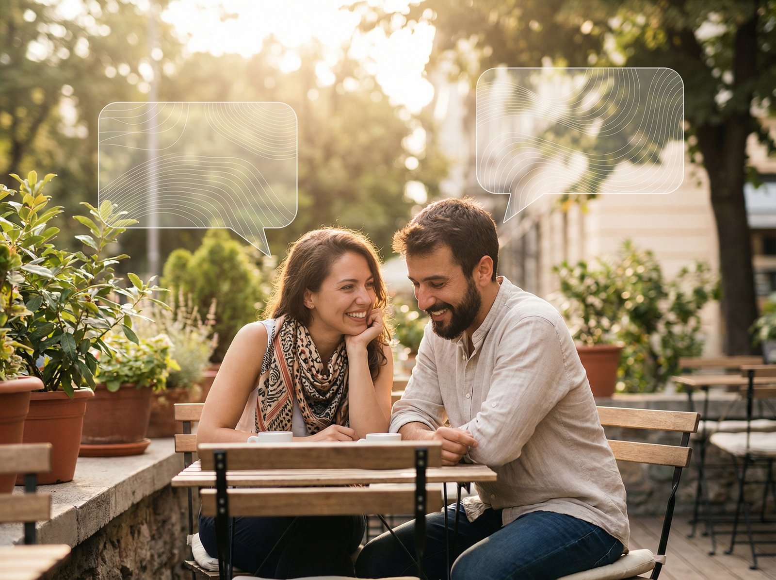 Two people from different cultural backgrounds having a natural, friendly conversation, with speech bubbles indicating fluent communication. Lifestyle photography, warm lighting, natural setting. aspect ratio 4:3, no visible text