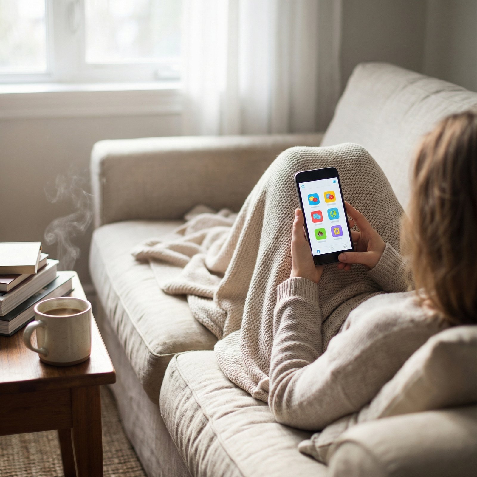 A person relaxing on a couch, using a smartphone to learn a new language, with a cup of coffee nearby. Cozy, natural light, focus on the phone screen. Lifestyle photography. aspect ratio 1:1, no visible text