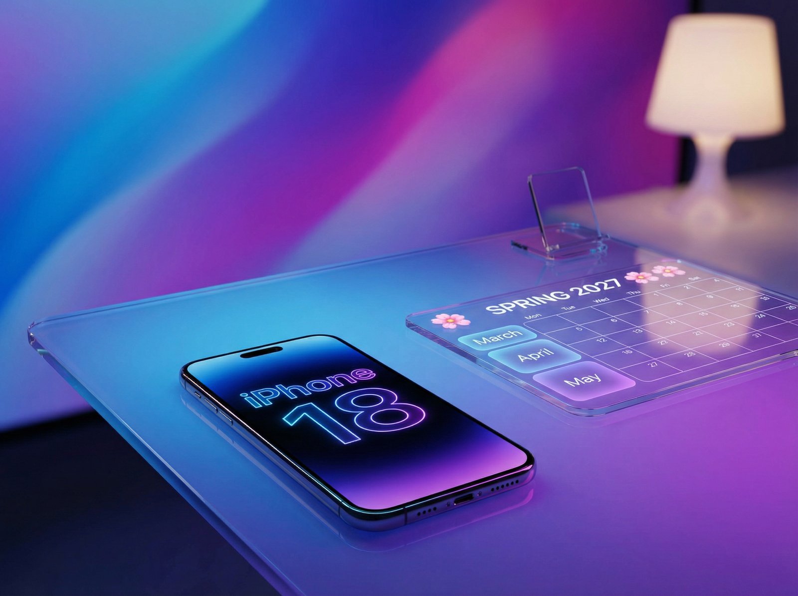 A sleek, modern smartphone with "iPhone 18" text in a futuristic font, next to a calendar highlighting Spring 2027. The background is a gradient of blue and purple. No visible text, 4:3 aspect ratio.